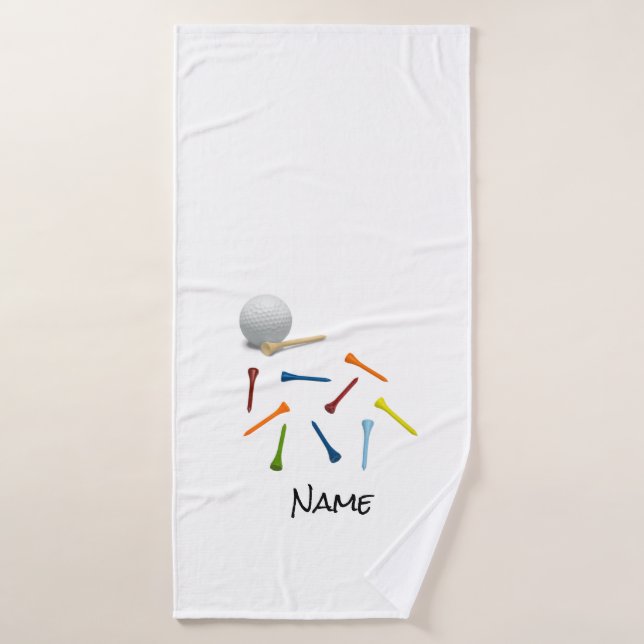 Golf ball and colourful tees on white bath towel (Bath Towel)