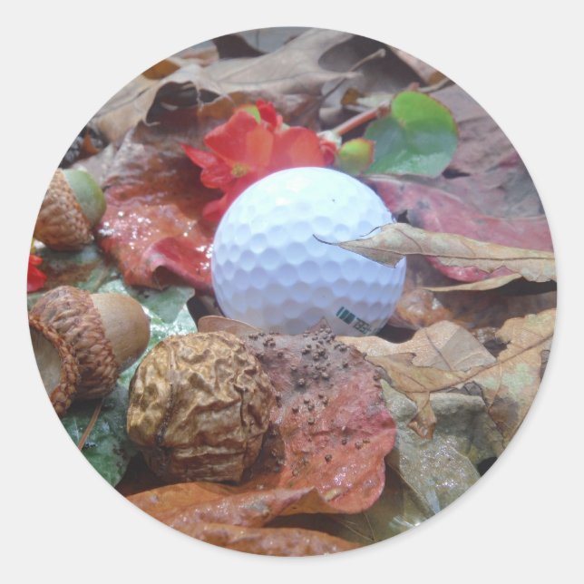Golf Ball and fall leaves and acorns Classic Round Sticker (Front)