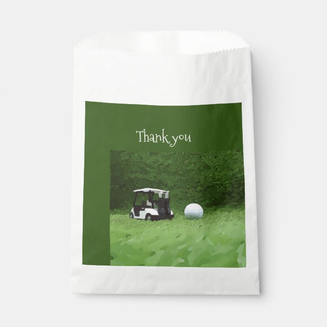 Golf ball and golf cart are on green golfer favour bags (Front)
