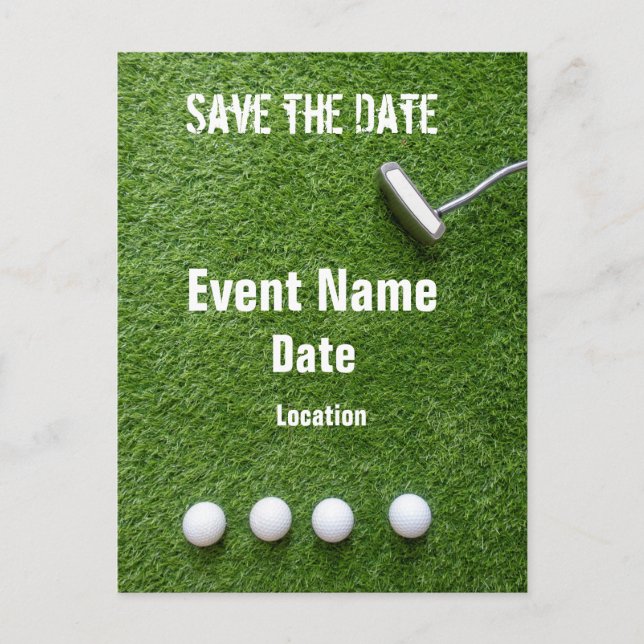 Golf ball and putter on green save the date postcard (Front)