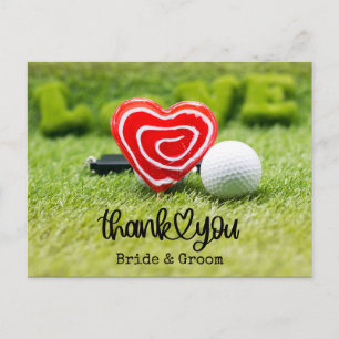 Golf ball and Red heart with love on Wedding Postcard