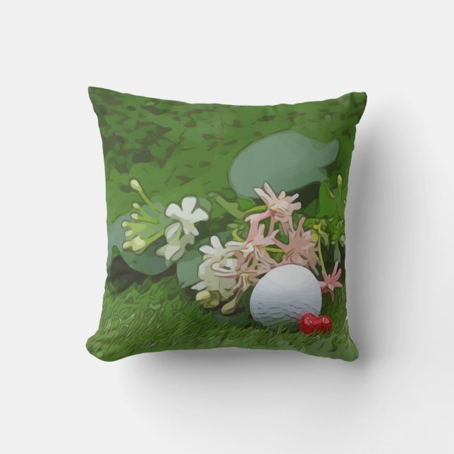 Golf ball and tee with love on green grass Outdoor Cushion (Front)
