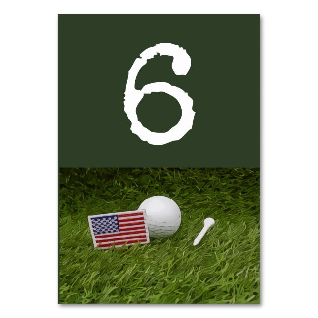 Golf ball and tee with U.S.A. flag on green Table Number (Front)