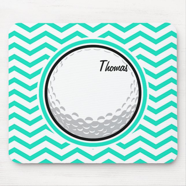 Golf Ball; Aqua Green Chevron Mouse Mat (Front)