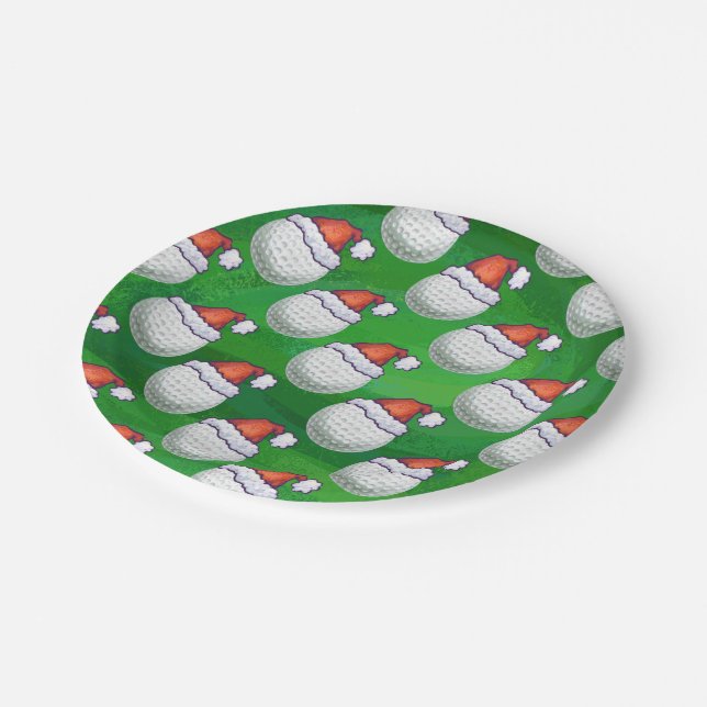 Golf Ball Christmas Hats on Green Paper Plate (Angled)