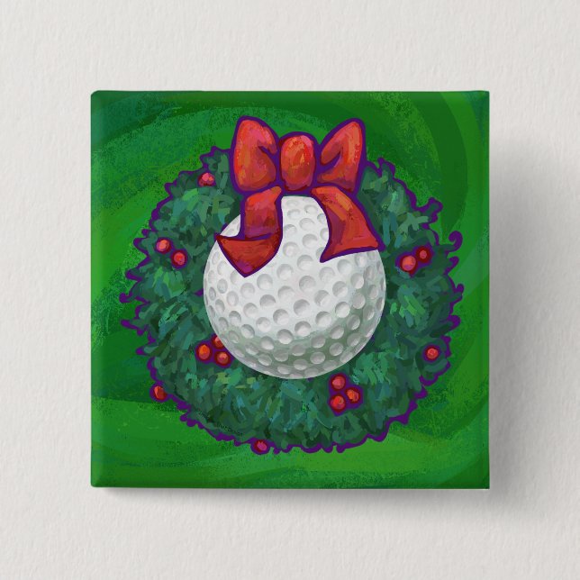Golf Ball Christmas Wreath on Green 15 Cm Square Badge (Front)
