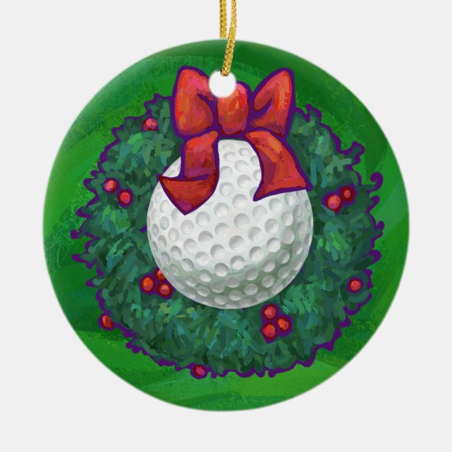 Golf Ball Christmas Wreath on Green Ceramic Tree Decoration (Front)