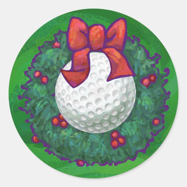 Golf Ball Christmas Wreath on Green Classic Round Sticker (Front)