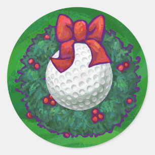 Golf Ball Christmas Wreath on Green Classic Round Sticker