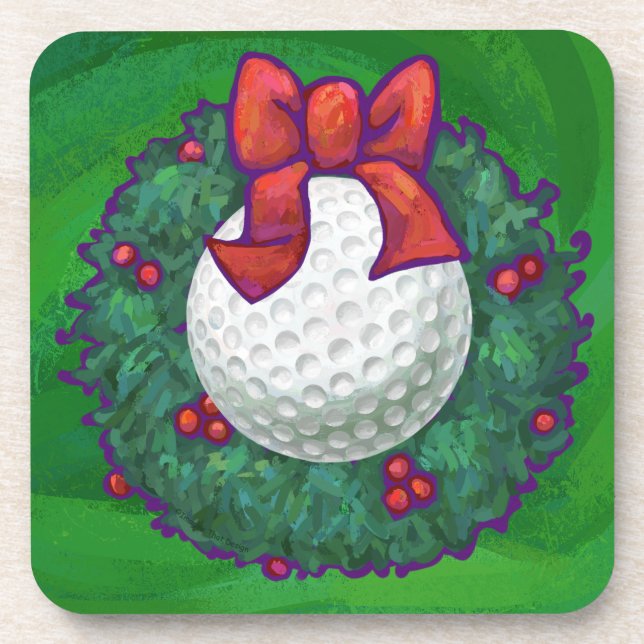 Golf Ball Christmas Wreath on Green Coaster (Front)