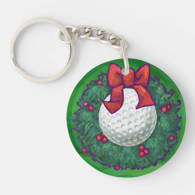 Golf Ball Christmas Wreath on Green Key Ring (Front)