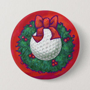 Golf Ball Christmas Wreath on Red 7.5 Cm Round Badge