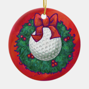 Golf Ball Christmas Wreath on Red Ceramic Tree Decoration