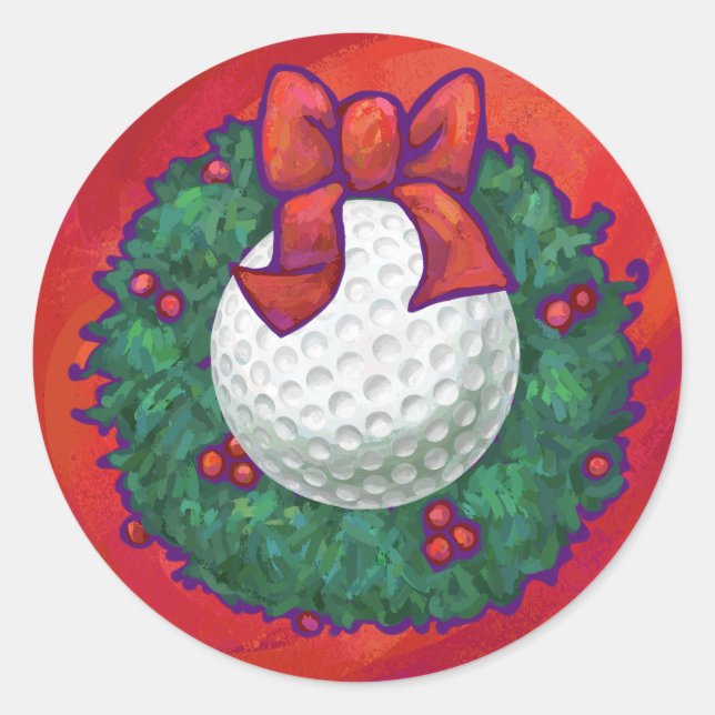 Golf Ball Christmas Wreath on Red Classic Round Sticker (Front)