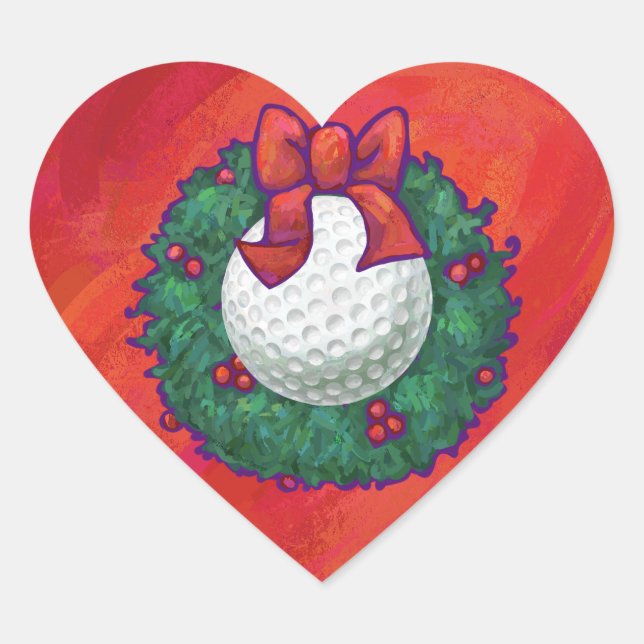 Golf Ball Christmas Wreath on Red Heart Sticker (Front)