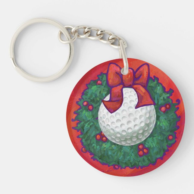 Golf Ball Christmas Wreath on Red Key Ring (Front)