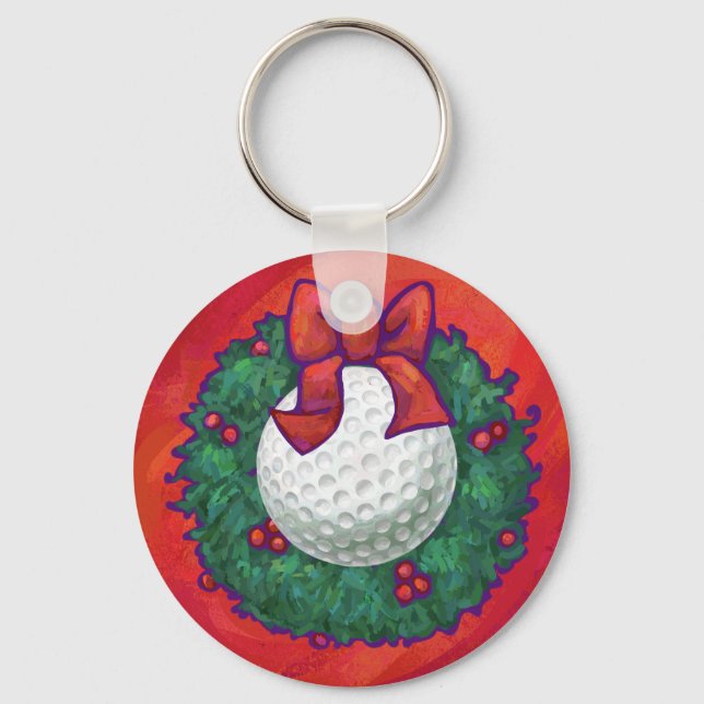 Golf Ball Christmas Wreath on Red Key Ring (Front)