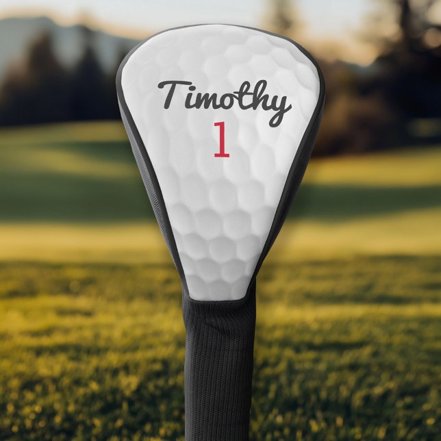Golf Ball Dimples - Black Name Red Number Head Cover (Personalized Golf Head Cover)