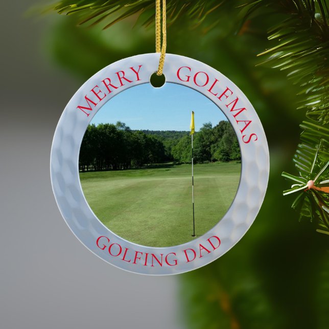 Golf Ball Dimples Merry Golfmas Name Golfer Photo Ceramic Tree Decoration (Merry Golfmas Golfing Dad ornament! Just upload your favorite fairway!)