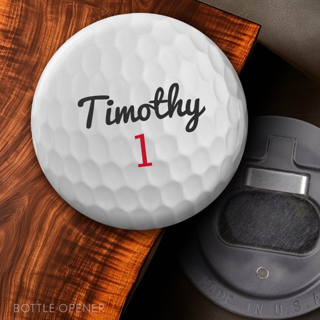 Golf Ball Dimples with Black Name Red Number Bottle Opener (Custom Bottle Opener)