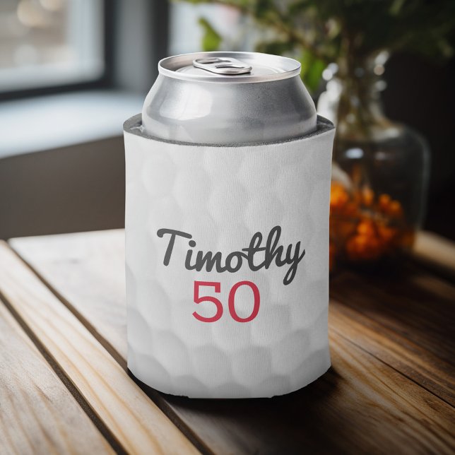 Golf Ball Dimples with Black Name Red Number Can Cooler (Personalized Can Cooler - add Your Name or Other Custom Text)