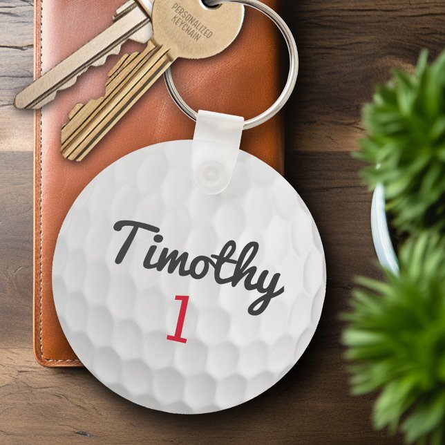Golf Ball Dimples with Black Name Red Number Key Ring (Personalized Keychain - Sports Golf Theme)