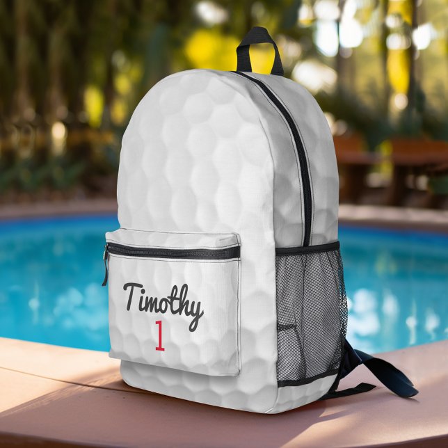 Golf Ball Dimples with Black Name Red Number Printed Backpack (Personalized Sports Backpack)