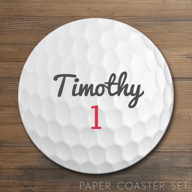 Golf Ball Dimples with Black Name Red Number Round Paper Coaster (Custom Coaster)