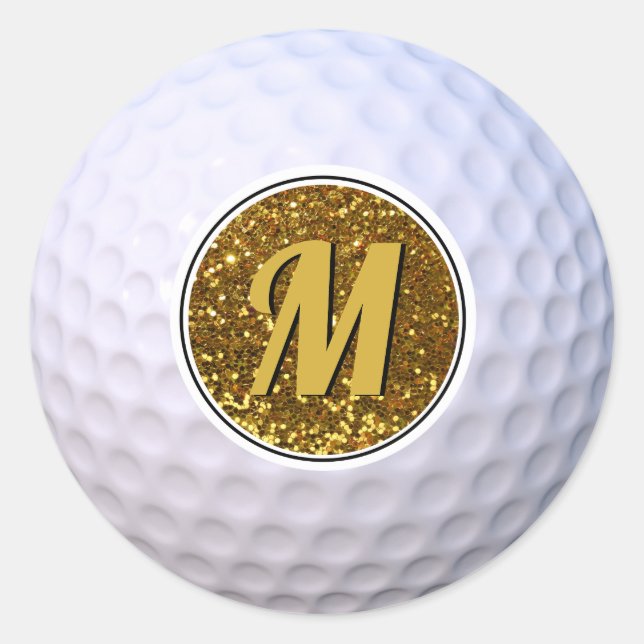 Golf Ball Faux Gold Glitter Customisable Monogram Classic Round Sticker (Front)