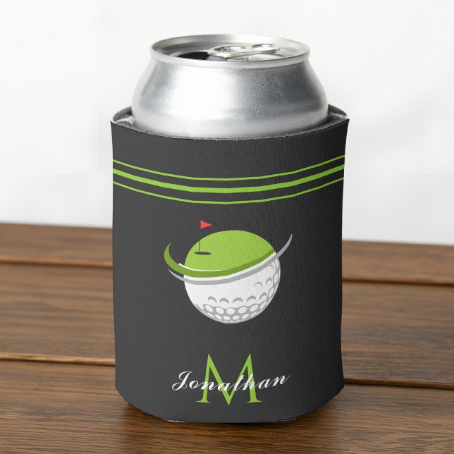 Golf Ball & Flag Custom Name Initial Striped Grey Can Cooler (Creator Uploaded)