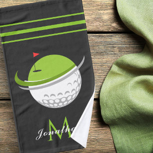 Golf Ball & Flag Custom Name Initial Striped Grey Hand Towel
