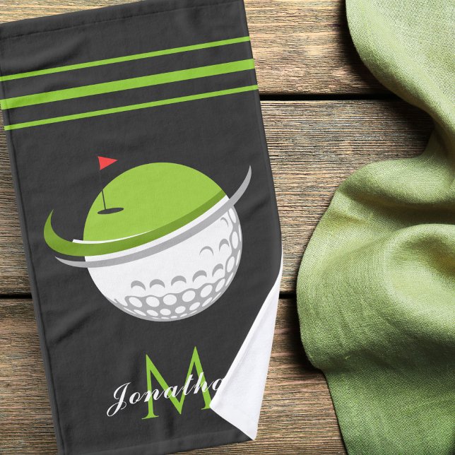 Golf Ball & Flag Custom Name Monogram Striped Grey Hand Towel (Creator Uploaded)