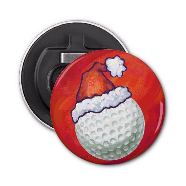 Golf Ball in Santa Hat on Red Bottle Opener (Front)