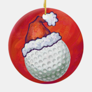 Golf Ball in Santa Hat on Red Ceramic Tree Decoration