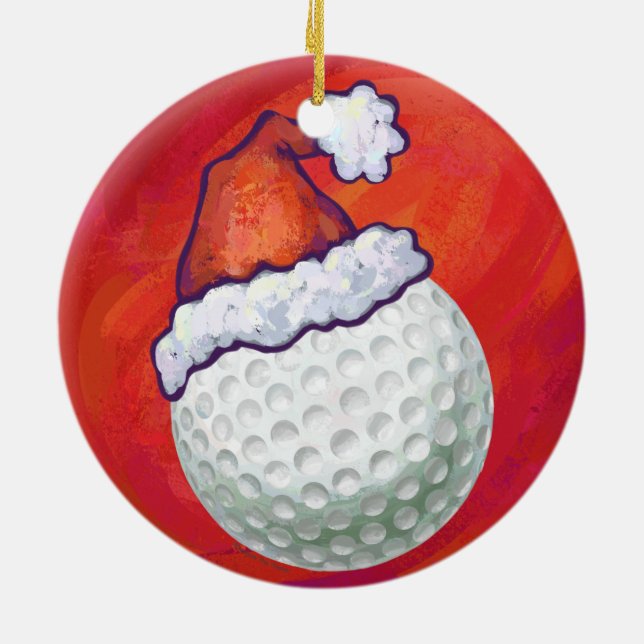 Golf Ball in Santa Hat on Red Ceramic Tree Decoration (Back)