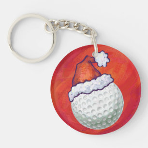 Golf Ball in Santa Hat on Red Key Ring