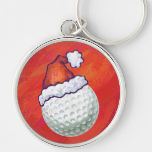 Golf Ball in Santa Hat on Red Key Ring