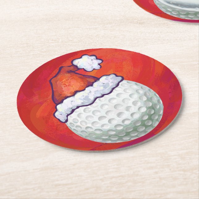 Golf Ball in Santa Hat on Red Round Paper Coaster (Angled)