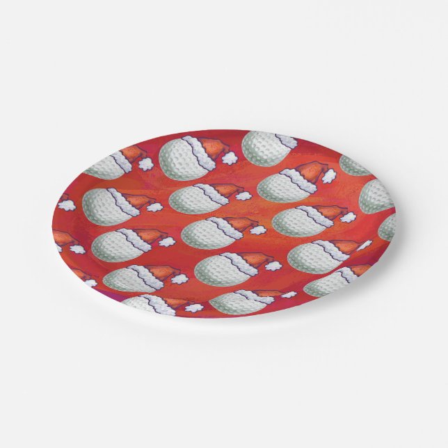 Golf Ball in Santa Hat Pattern on Red Paper Plate (Angled)