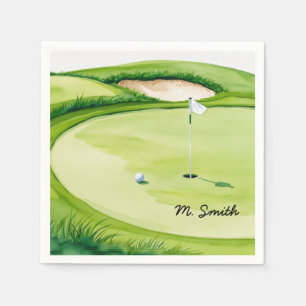 Golf ball is on putting green with your name napkin