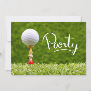 Golf ball is on tee on green grass background   invitation