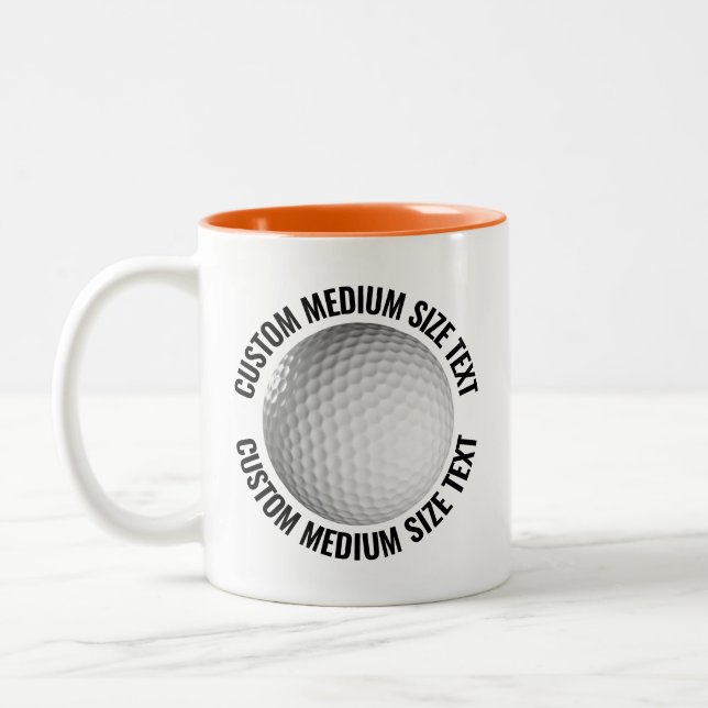 Golf Ball & Medium Text ORANGE 11oz Custom Two-Tone Coffee Mug (Left)