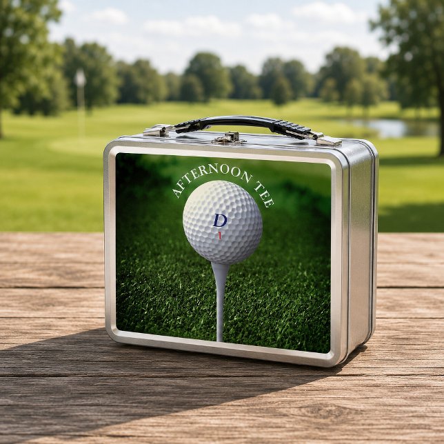 Golf Ball Monogram Afternoon Tee Golfing Metal Lunch Box (⛳  Perfect for afternoon lunches on the fairway! Just add your initial and golf ball number ⛳)