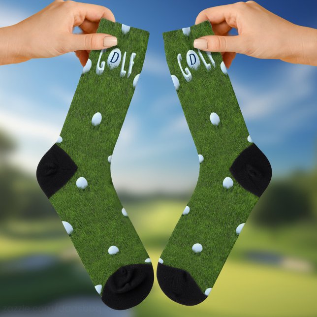 Golf Ball Monogram Funny Green Golfing Socks (Fun golf ball socks to give to the golfer in your life. Just add their initial)