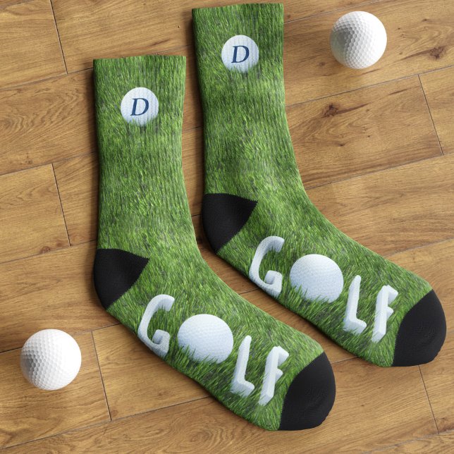 Golf Ball Monogram Green Grass Funny Golfing Socks (Creator Uploaded)