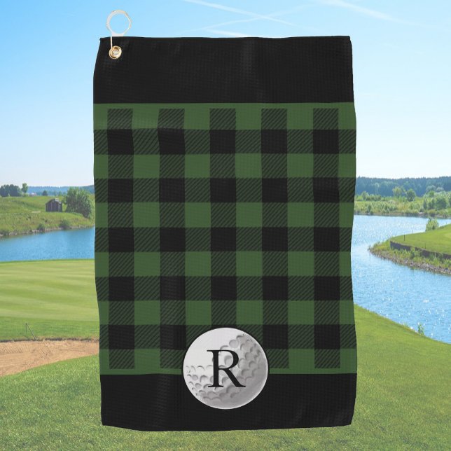 Golf ball monogrammed green buffalo plaid custom towel (Creator Uploaded)