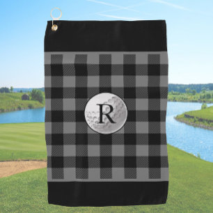 Golf ball monogrammed grey buffalo plaid custom golf towel