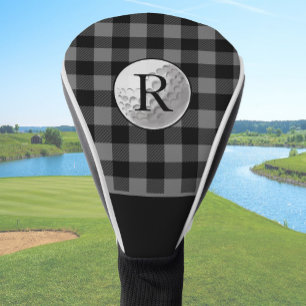 Golf ball monogrammed grey buffalo plaid custom head cover