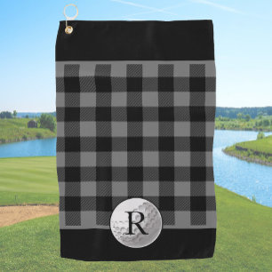 Golf ball monogrammed grey buffalo plaid custom towel