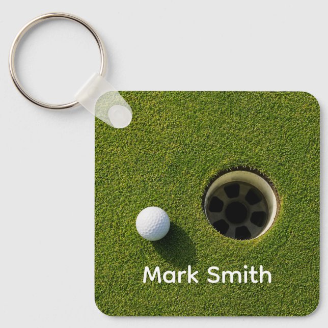 Golf Ball Next to Hole on Green Grass Golf Course  Key Ring (Front)